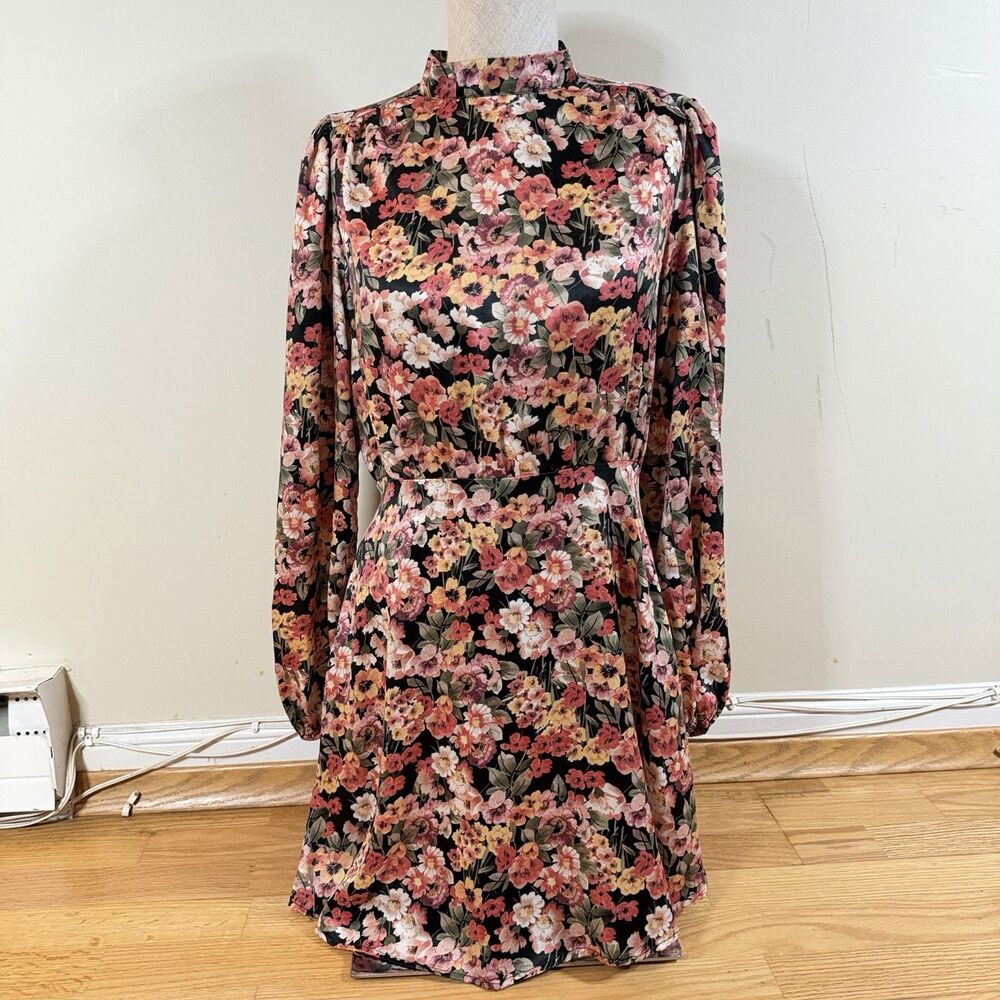 NSR Floral Long Sleeve Mock Neck Mini Fit & Flare Dress Multi S Autumnal Fall